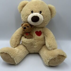 Aurora World Kristi Honey Brown Bear & Baby in Pocket Red Heart Super Soft Clean